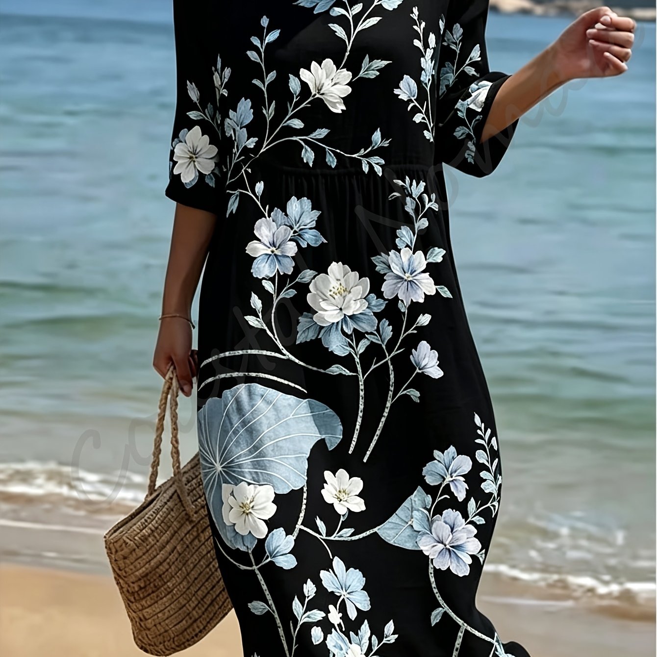 Image of Plus Size - New Arrival Plus Size Round Neck Midi Dress, Round Neck 3/4 Sleeve High Waist Gathered Design Without Pockets, Ink Floral Print, Outdoor Daily Casual Wear