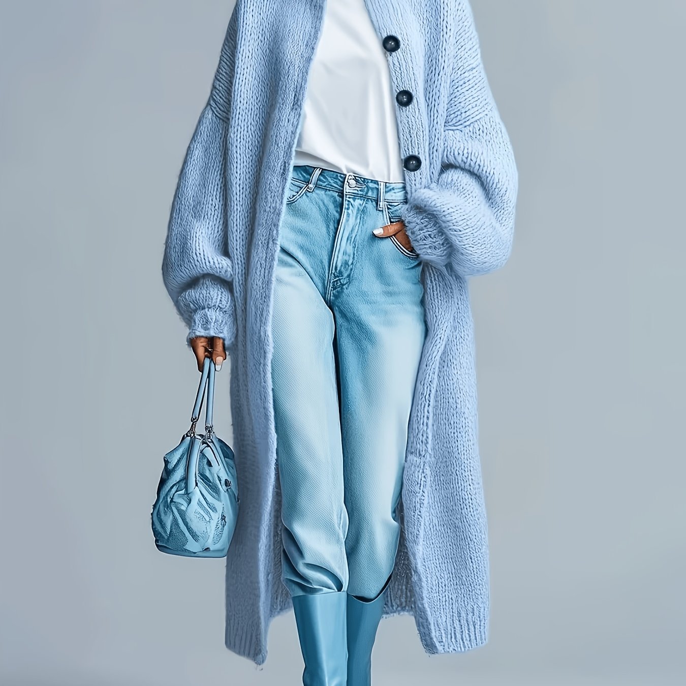 TEMU Bk260717039 Women's Elegant Loose Casual Solid Color Long Sleeve Long Length Cardigan, Suitable For Autumn Winter Sweaters