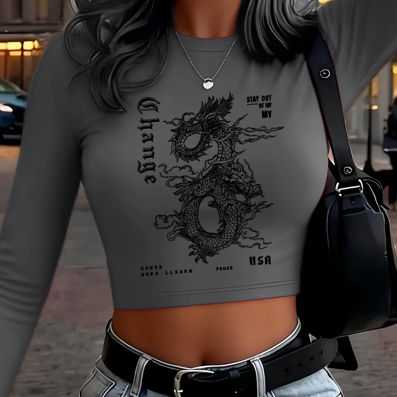 TEMU Dragon Pattern Print Y2k Cool Slim Fit Long Sleeve T-shirt, Classic Versatile Style, Fashionable And Simple, For Daily Casual Streetwear,
