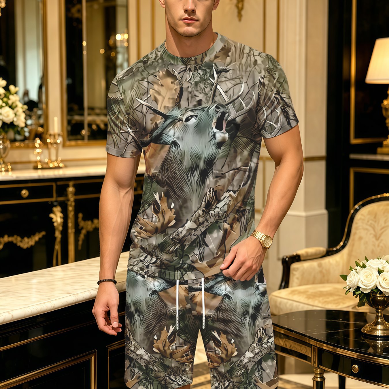 TEMU Men's 3d Deer Print Short Sleeve & Shorts Set | Casual Round Neck Outfit For Summer Outdoor Activities | Breathable Sportswear With Pockets And