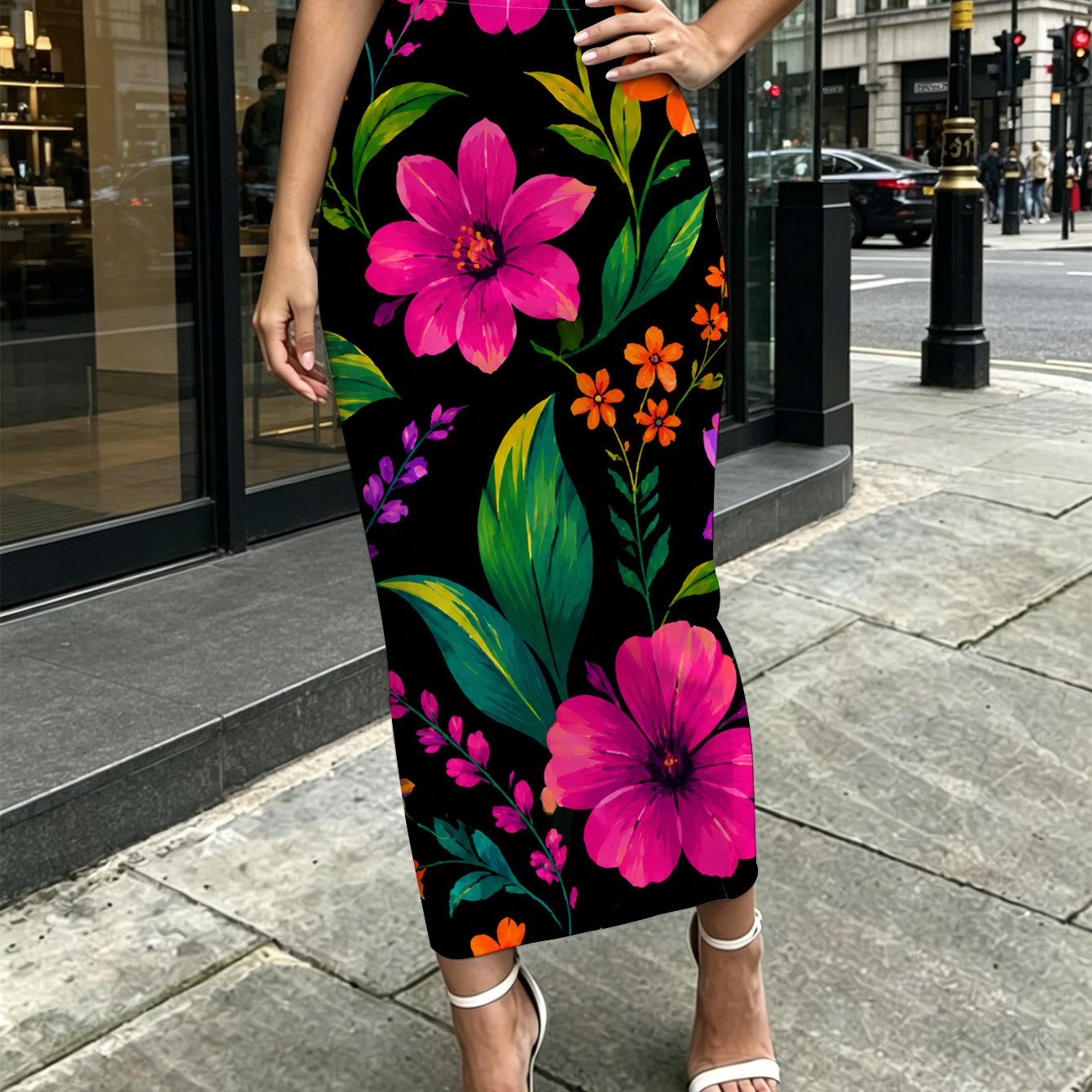 TEMU Vibrant Colorful Floral Womens Printed Mid Length Hip Hugging Skirt Travel Outdoor Party Casual Wear