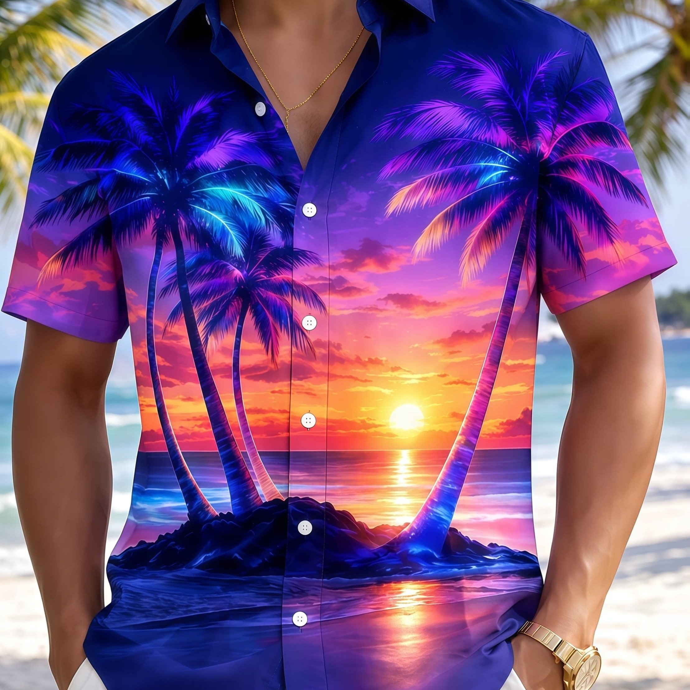 TEMU Men's Short-sleeve Shirt With Coconut Tree Print, Perfect For Summer Vacations, Featuring A Hawaiian Style Casual, Fashionable, And Versatile