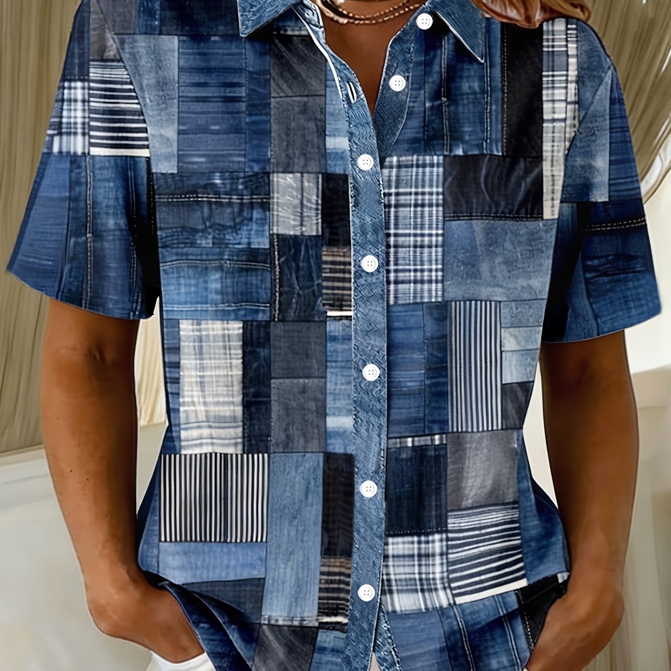 TEMU Plus Size - Casual Fashion Denim Color-block Printed Women's Plus Size Button-up Short Sleeve Shirt Open Front Top