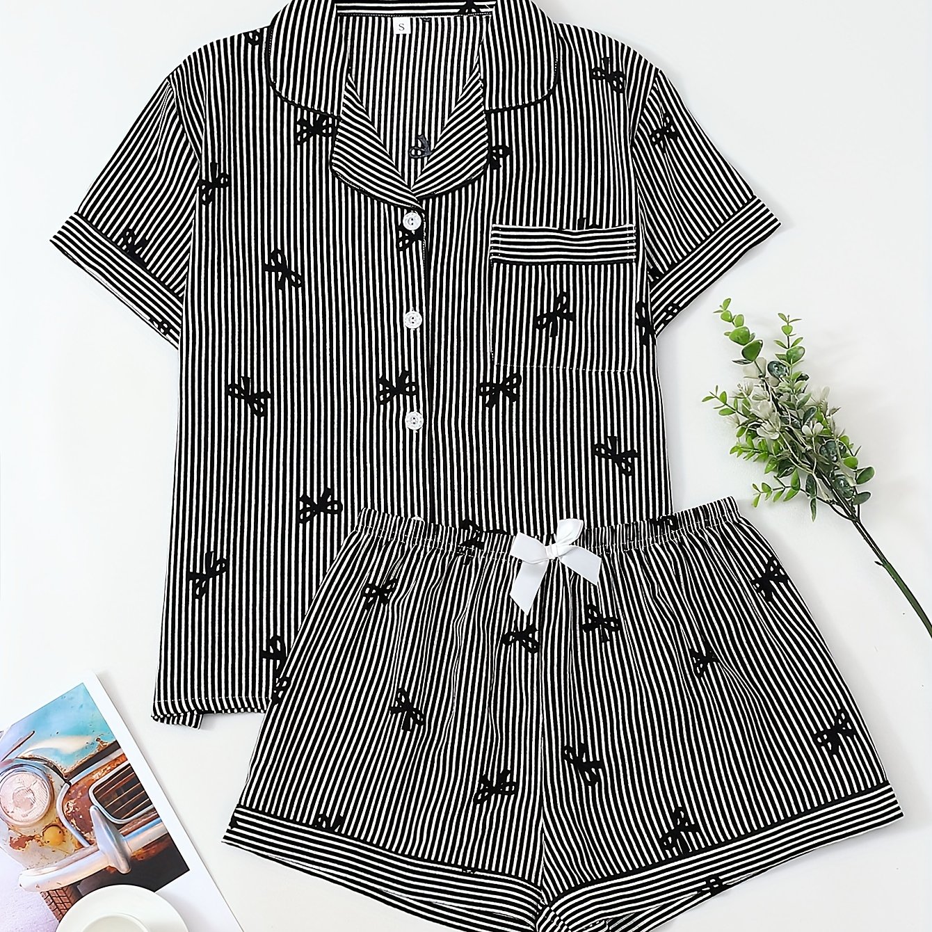 TEMU Women's Casual Lapel Contrast Trim Button 2pcs Pajama Set: 1 Short-sleeve Top   1 Pair Of Shorts