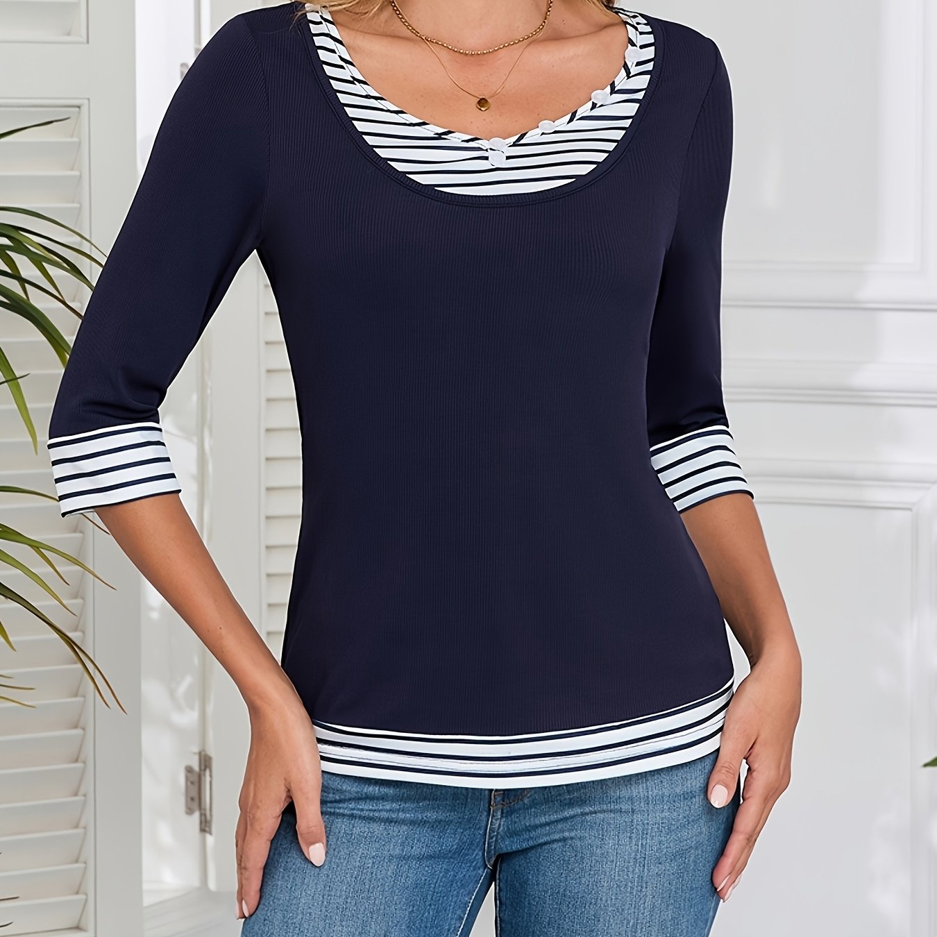 Image of Women' Color Striped Stitching Three-quarter Sleeve Fake Two-piece Top T-shirt