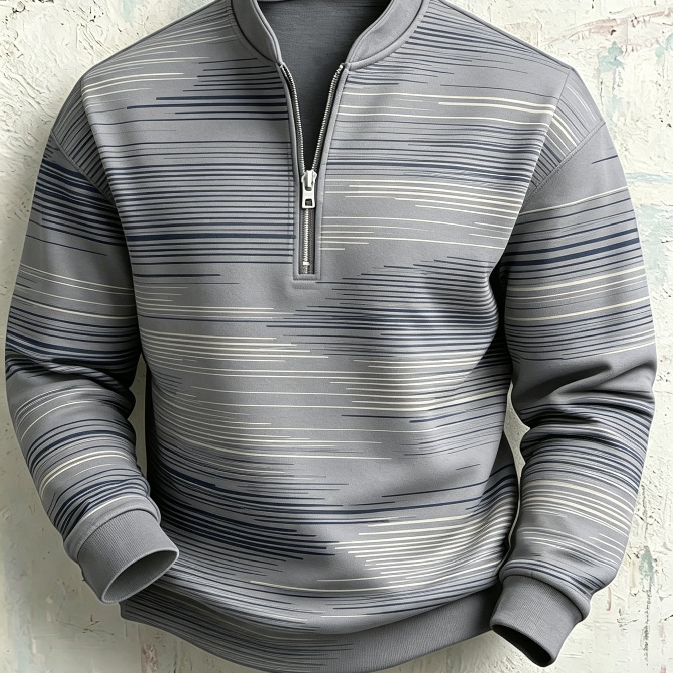 Image of Men Christmas Half Zip Stand Collar Pullover Sweatshirt New Arrival Gray Blue Gradient Horizontal Thin Stripe Print Simple Casual City Outfit