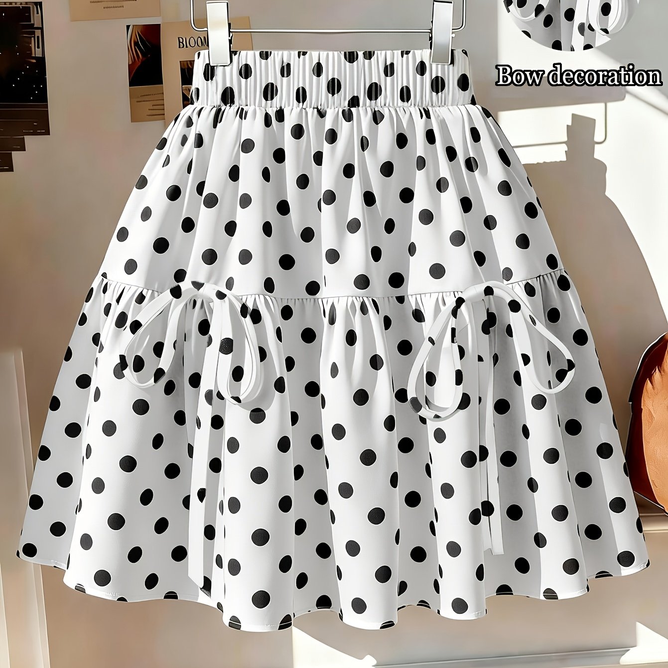 TEMU 355# Ruffle Trim Floral Bow Tie Polka Dot Skirt