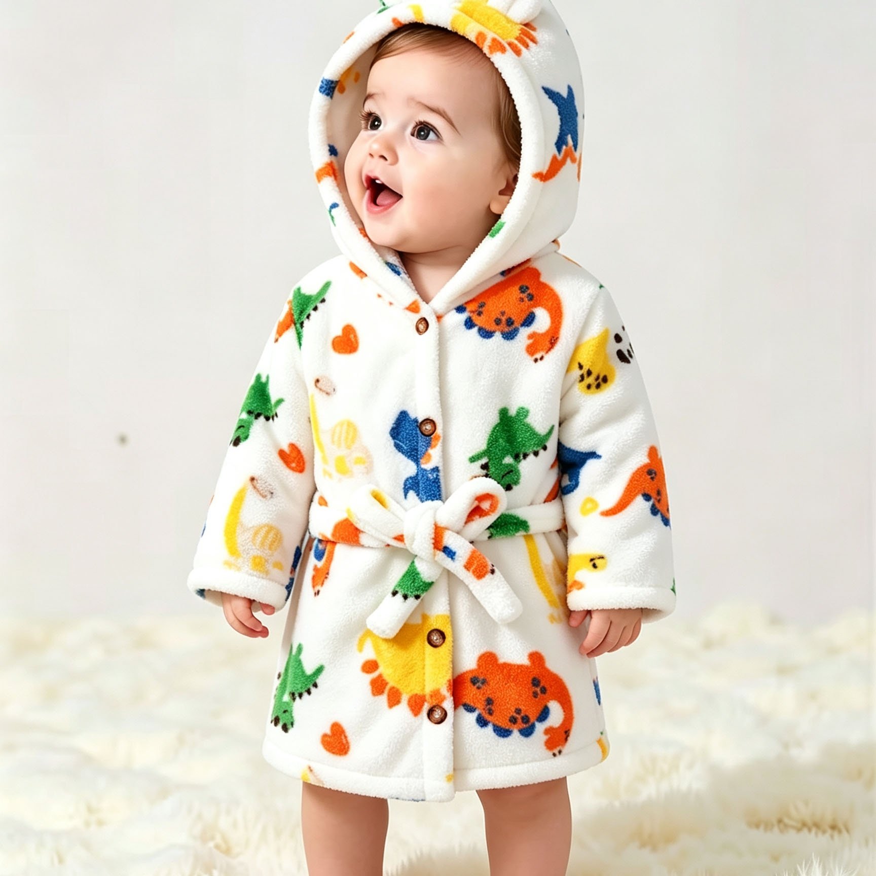 Image of Cozy Girls' Hooded Fleece Robe With Cartoon Print - Long Sleeve, Button-up Winter Bathrobe With Belt