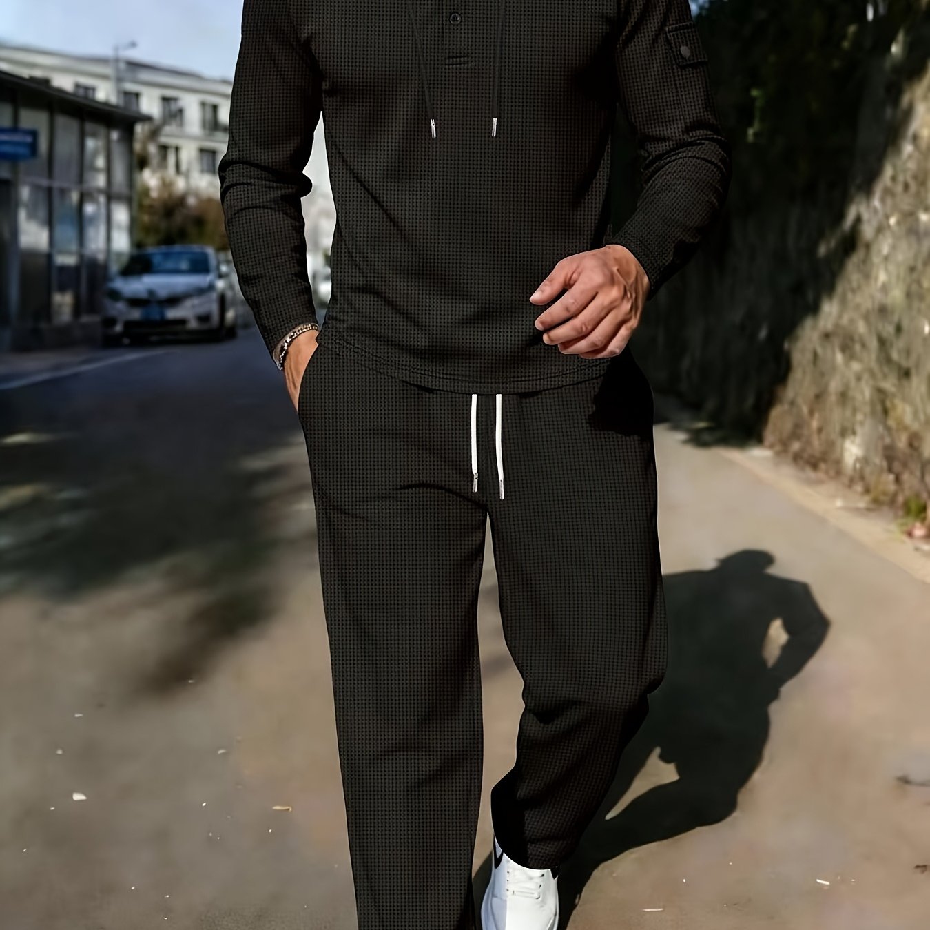 TEMU Outdoor Breathable Waffle Knit Men's 2pcs Set: Hooded Sweatshirt   Straight-leg Pants