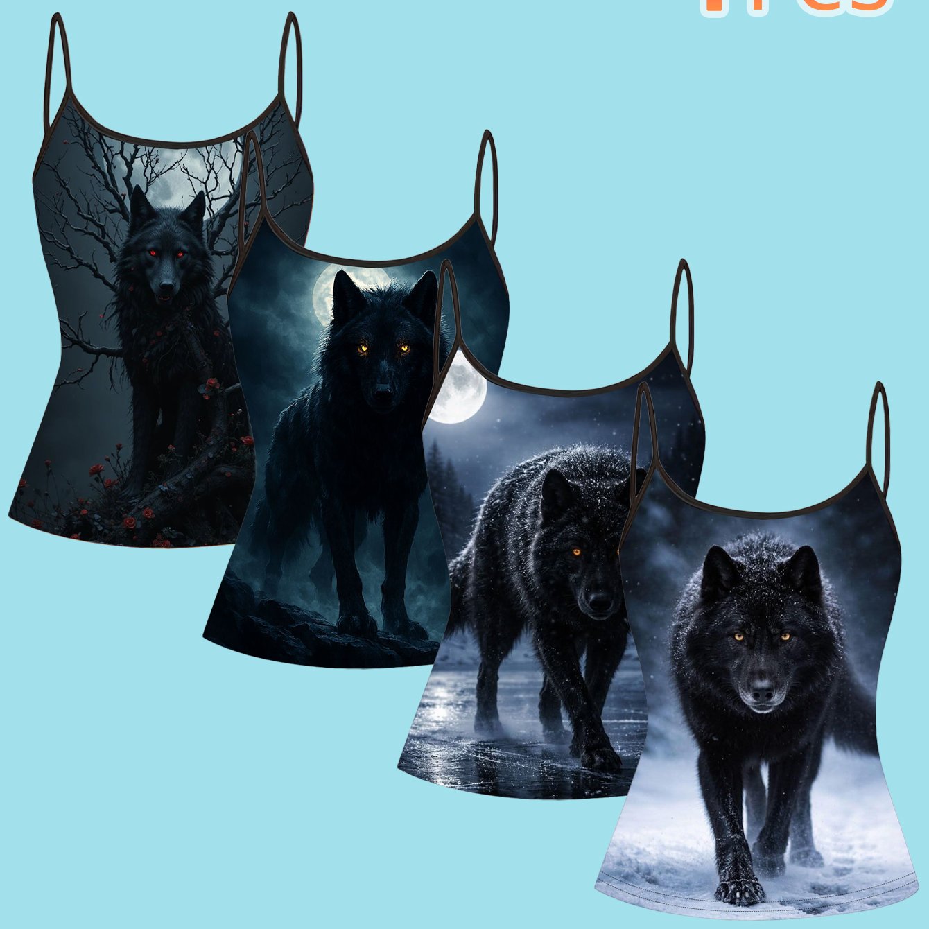 TEMU Plus Size, 4pcs Set Plus Size Night Black Wolf Print Camisole, Women's Plus Size Thin Strap Dark Style Top