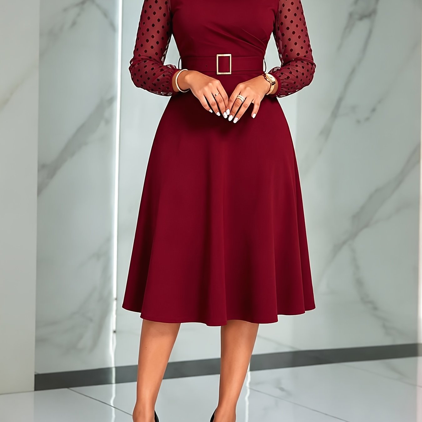 TEMU Women's Dress | A Burgundy Midi Dress Featuring A Round Neck, Long Sleeves In Flocked-polka-dot Mesh, And A Tie-waist Detail With Metal .