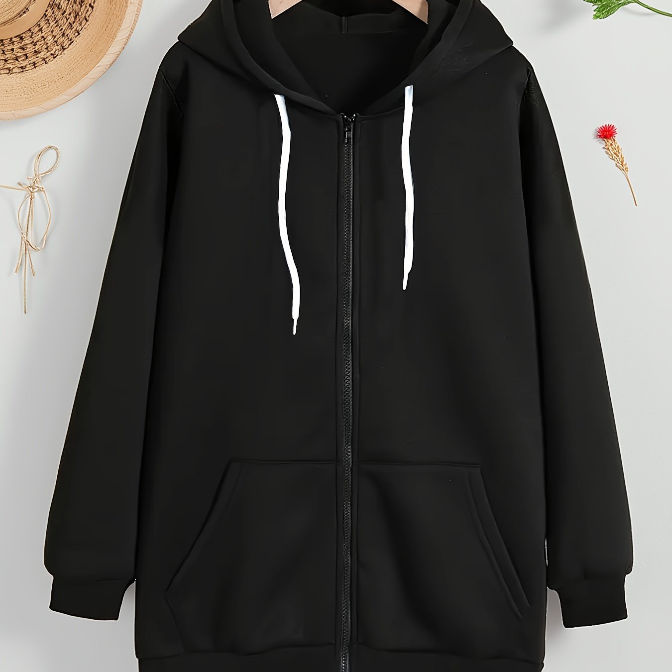 Plus Size - Plus Size - Plus Size Long Sleeve Solid Color Jacket, Zipper, Pockets, Hooded Drawstring Sweatshirt. Plus Size Clothing