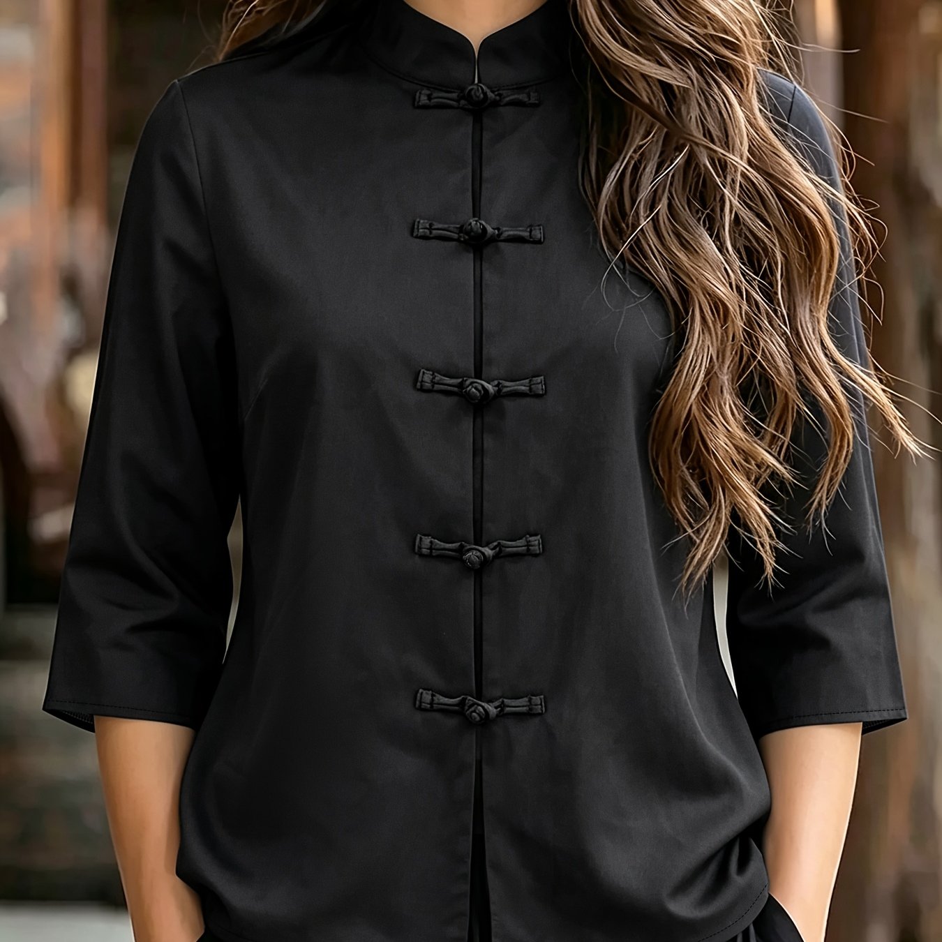 TEMU Plus Size Women's Shirt, Solid Color New Chinese Collar Button-up Temperament Long Sleeve Shirt, Fall Winter Style