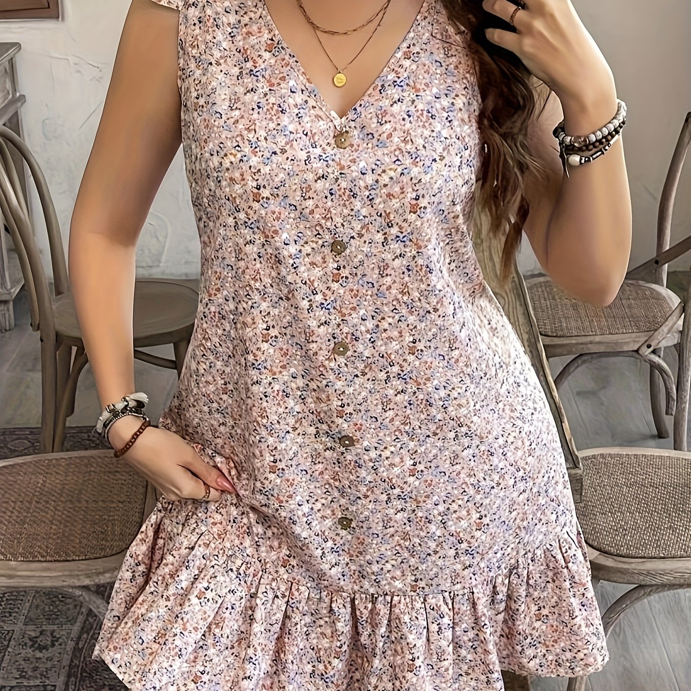 E-shop Kleid im europäischen amerikanischen Stil mit kleinem Blumendruck, V-Ausschnitt, Knopfleiste, ärmellos, locker, mit Schleife