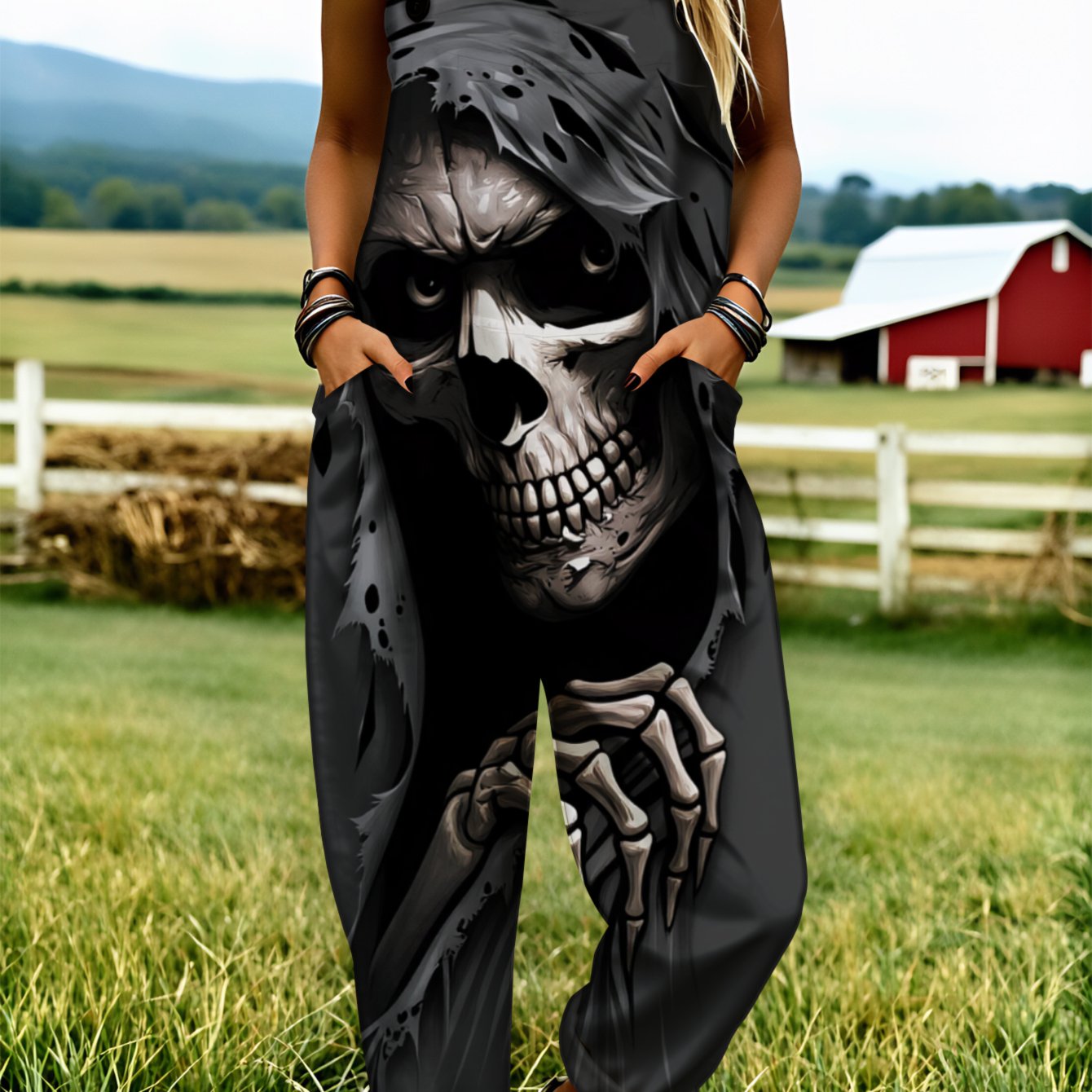 Image of Plus Size, Plus Size Women's Overalls 0xl-5xl Skull And Bones Pattern Print Comfortable And Breathable Wide-leg Pants Polyester Fiber Summer Clothing Casual Wear