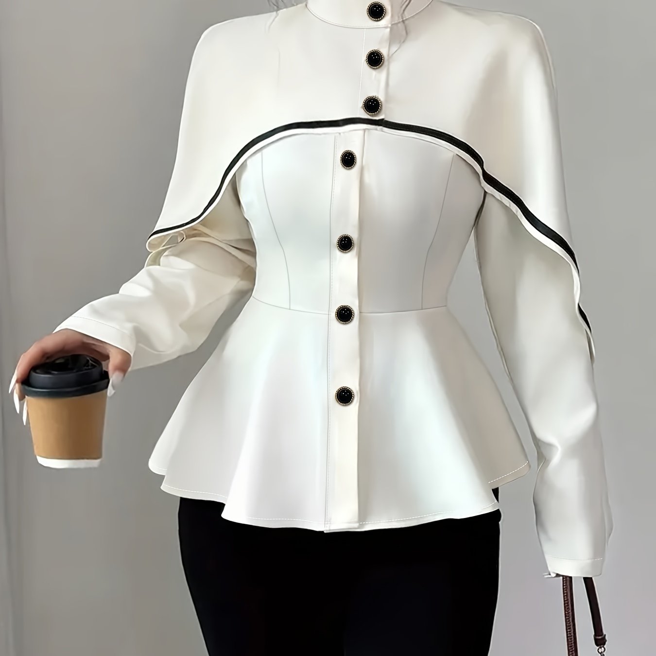 TEMU Plus Size, White Contrast Top With Exquisite Button Design, Regular Shawl, Perfect For Commuting And Dating