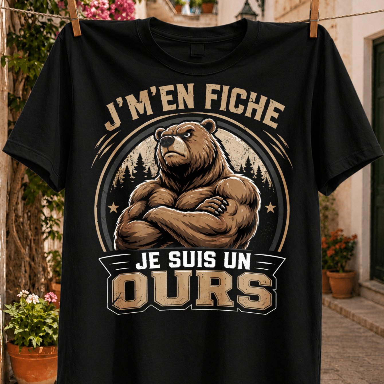 TEMU T-shirt unisexe grande taille " un " avec française " Care", illustration marron musclé les bras croisés et cercle de forêt, style vintage