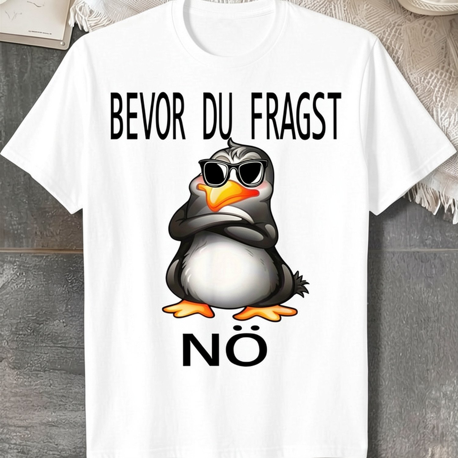 Image of Regular Neck Tee For Men And Women - Funny German Text Penguin Graphic T-shirt - "bevor Du Fragst No" Funny Saying With Cute Animated Penguin In Fashion Glasses - 100, Fashionable Casual Attire