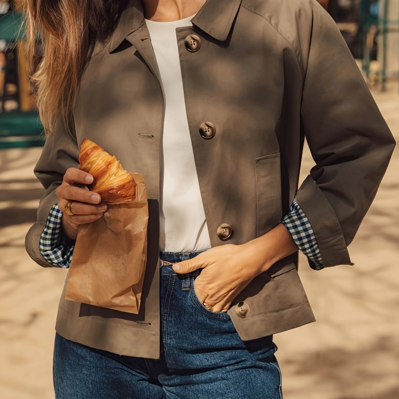 TEMU Women's Elegant Raglan Sleeve Short-length Long-sleeve Windbreaker, Fashionable British-style Casual Versatile Single-breasted, Commuter Pocket