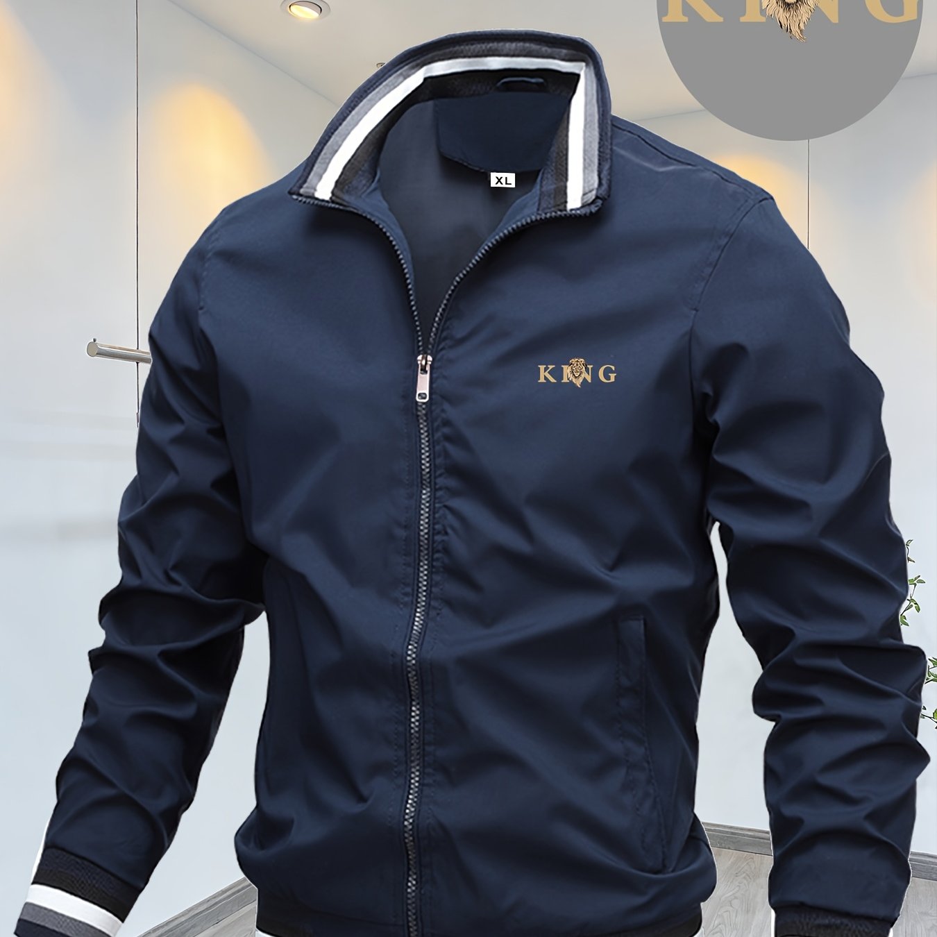 TEMU Men's Fashionable Letter "king" Lion Icon Element Casual Lapel Jacket, High-quality Collar Jacket, Zipper, With , Suitable For Spring And Autumn