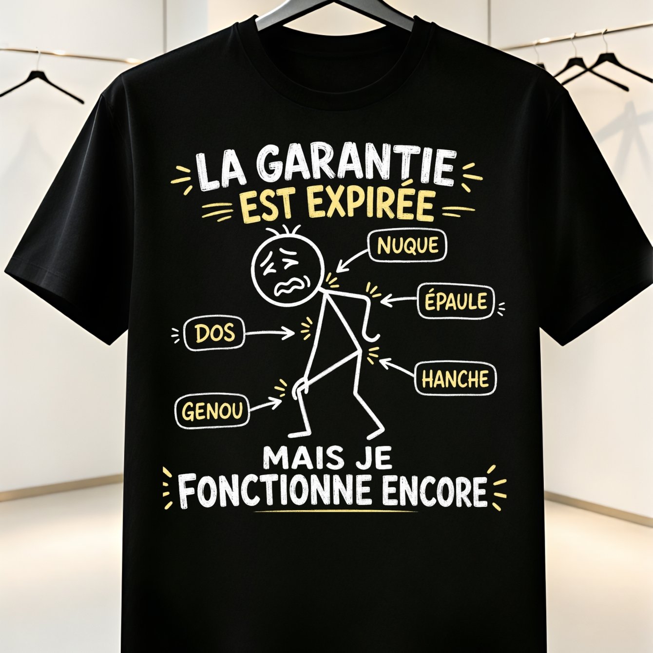 TEMU T-shirt français "La garantie a expiré mais je à travailler" Figurine dessinée vieillissante avec humour "Pain jaune" en craie, T-shirt unisexe