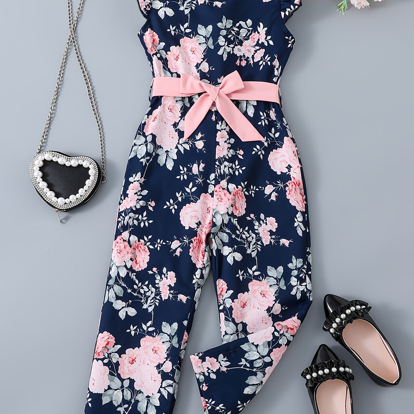 Image of Summer Girls' Casual Outing Fashion Floral Print Back Zipper Round Neck Sleeveless Jumpsuit With Belt, For Outdoor