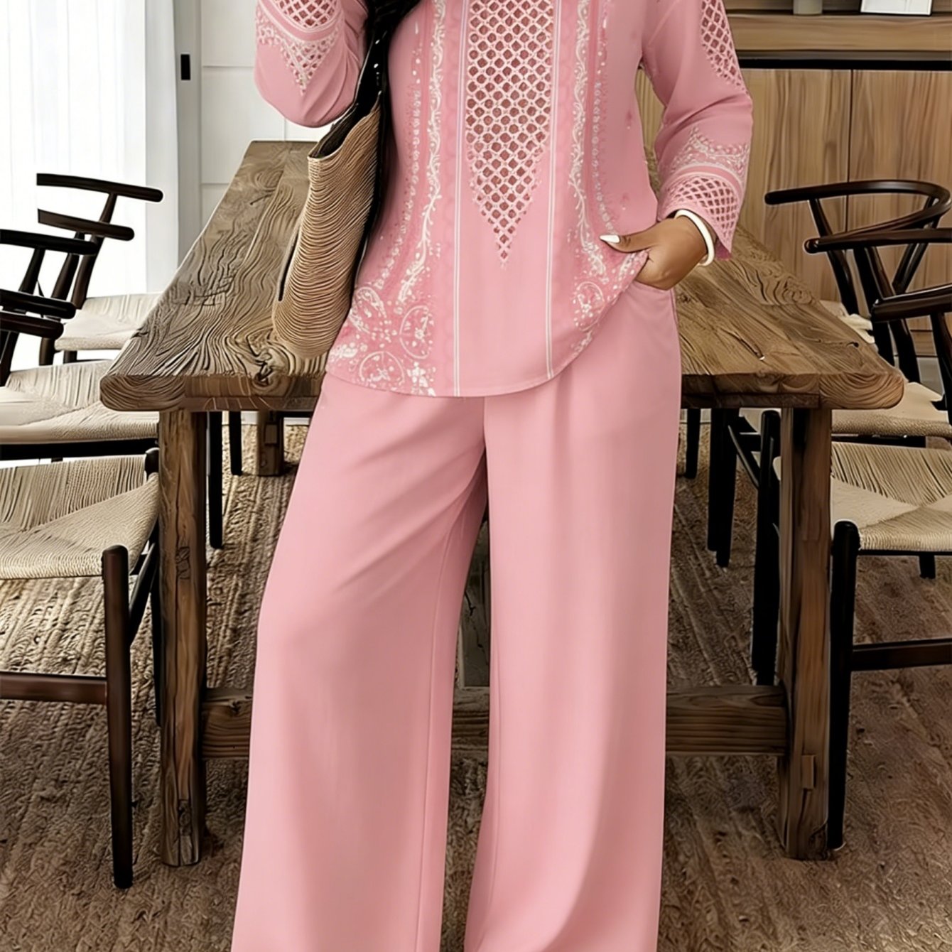 TEMU 2pcs Set Of Women' Size Long Sleeved Pants, Set, Spring And Summer -neck Long Sleeved Shirt Printed Pants Set, Digital Printed Non Hollow
