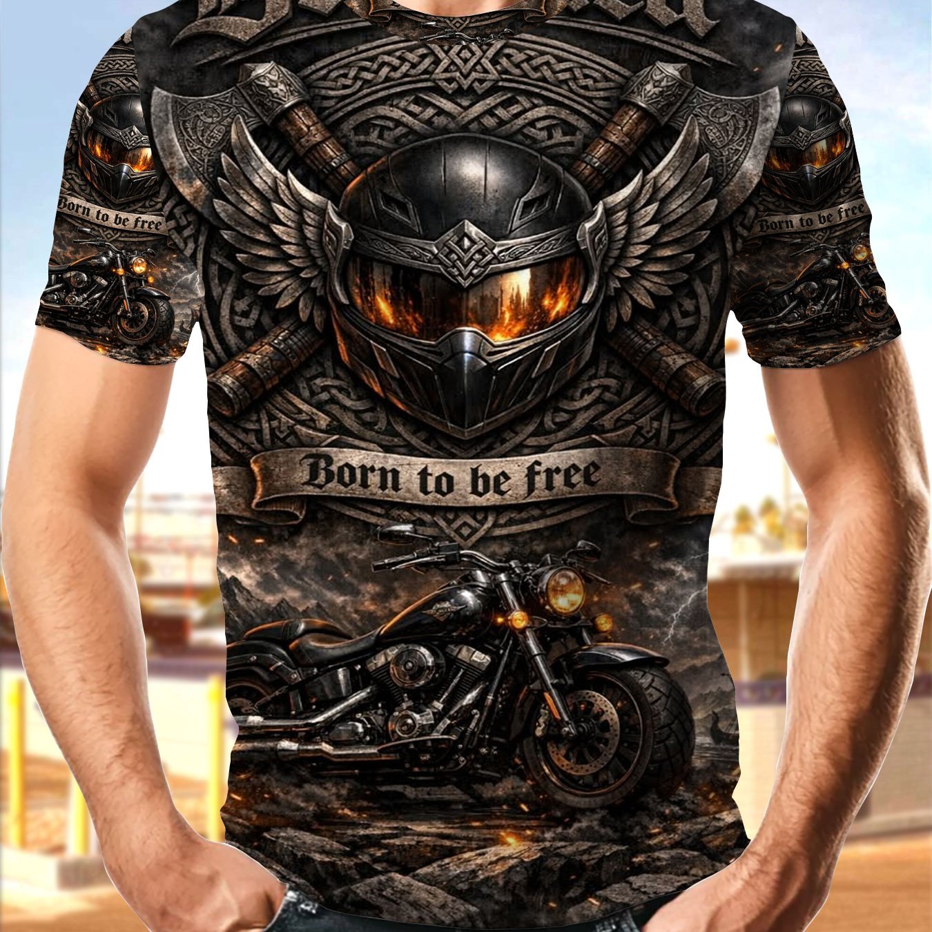 TEMU Men's Polyester Short Sleeve T-shirt, Vintage Viking Demonica Biker Graphic Print, Theme, Cool Motorcycle & Norse Warrior Helmet Design,