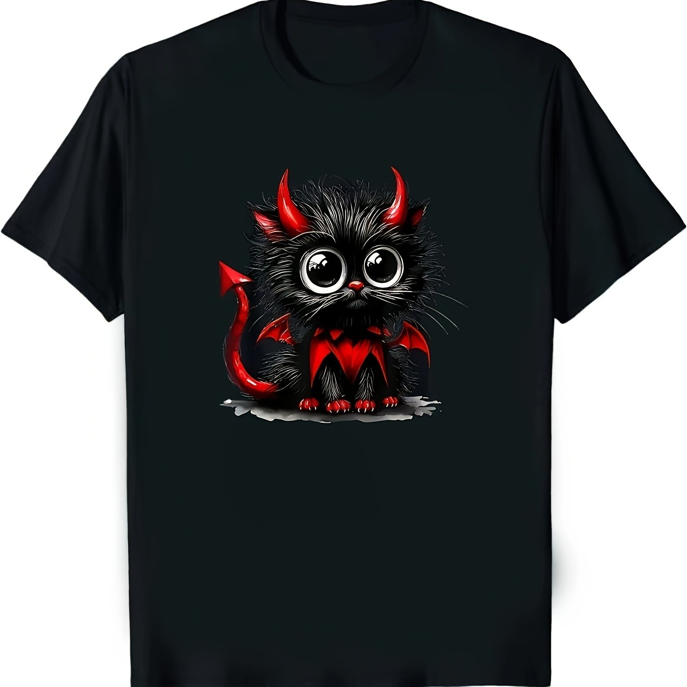 Image of Men's Featuring A Cartoon With Red Horns And Eyes - A Soft, Round-neck, Short-sleeve Casual Tee It Boasts A Durable Hot Transfer Print Suitable For Casual Wear, Plus Size