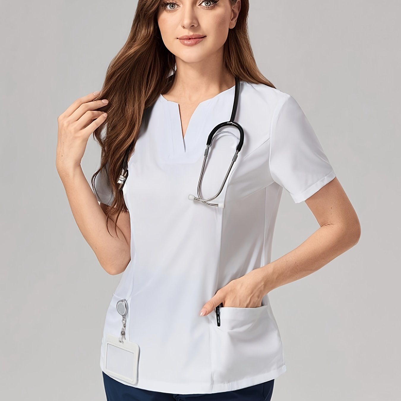 TEMU Women's Pocket V-neck Scrubs Top - Casual Short Sleeve, Non-stretch Fabric, Wear With Adjustable Strap Detail, Scrubs Top| Top|adjustable Strap