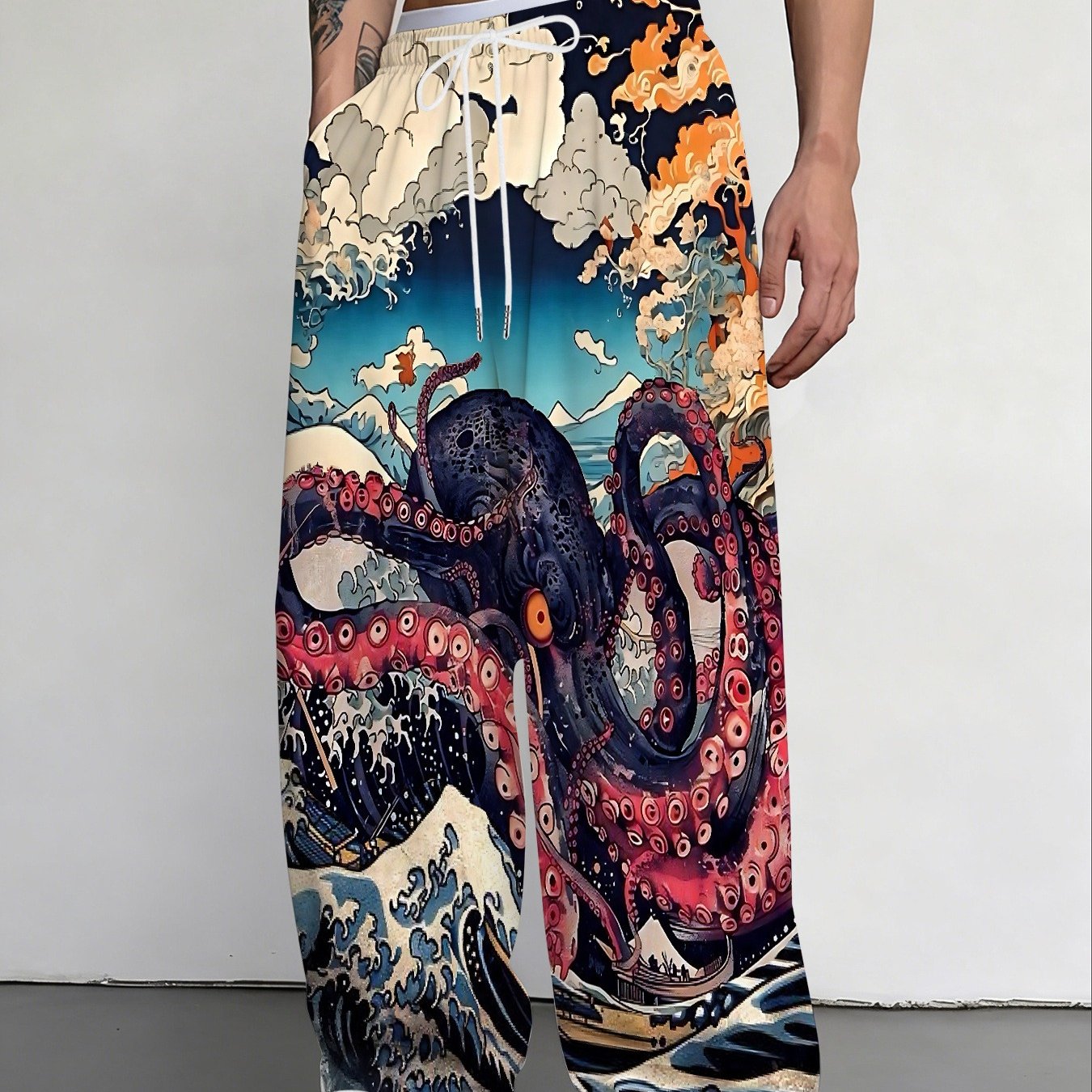 TEMU Trendy Octopus Wave Cloud Pattern Straight-leg Loose Fit Casual Pants