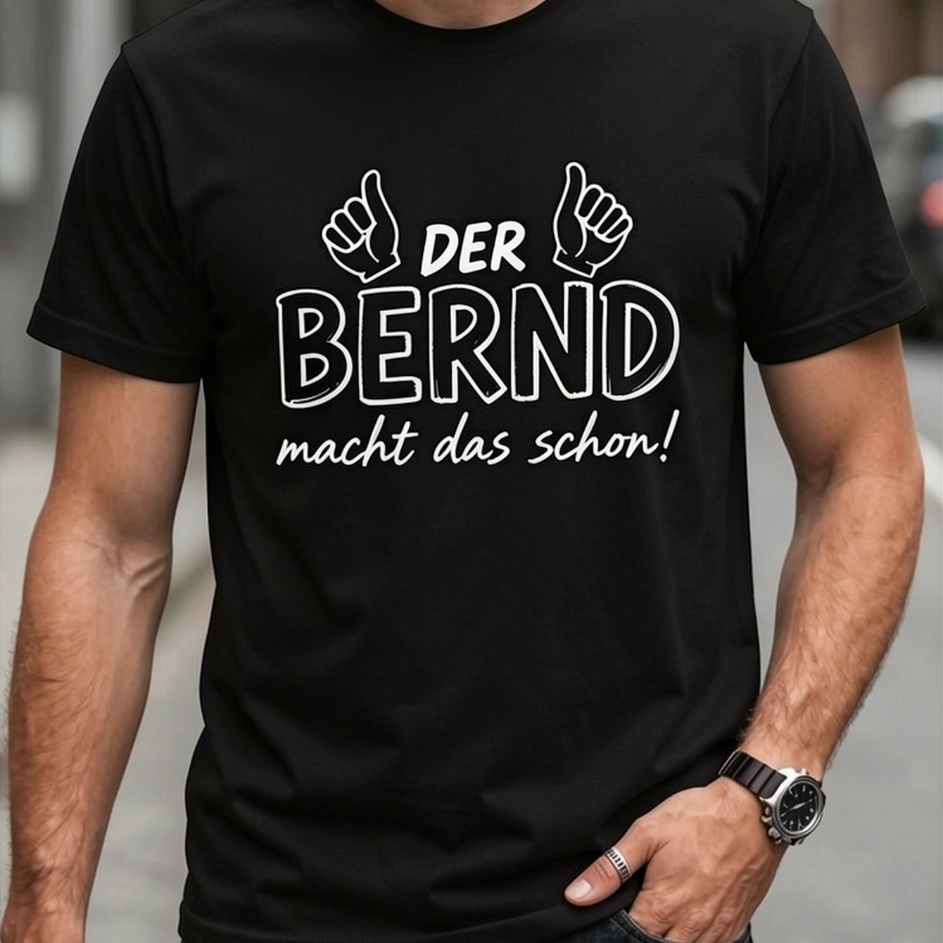 Men's Short Sleeve T-shirt - 'der Macht Das Schon' Graphic Print, Black Geometric Casual Tee, Regular Fit Round Neck, Machine Washable, For Daily Wear & , Outing Attire, Sporty Style Shirt