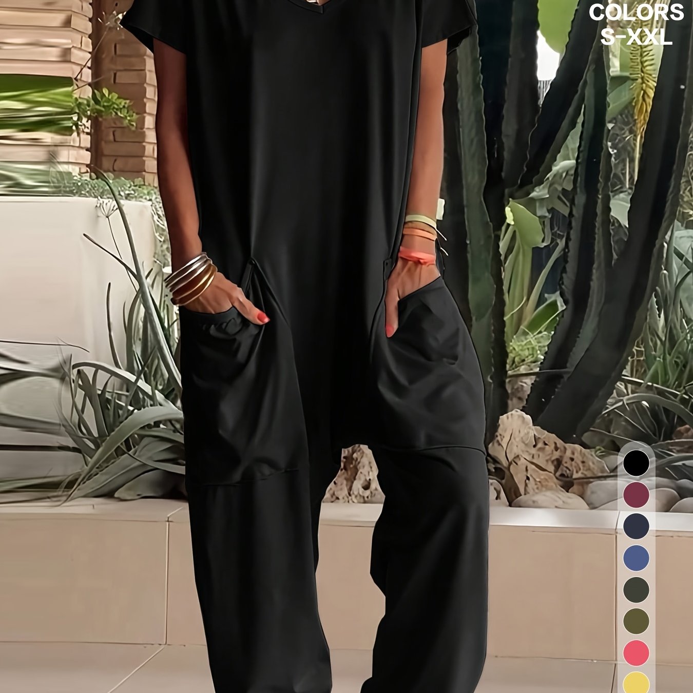 TEMU V-neck Wide Leg Jumpsuit For Women With Big Pockets, Breathable Casual Set, Holiday Edition Halloween Christmas Colors, Daily & Party Wear