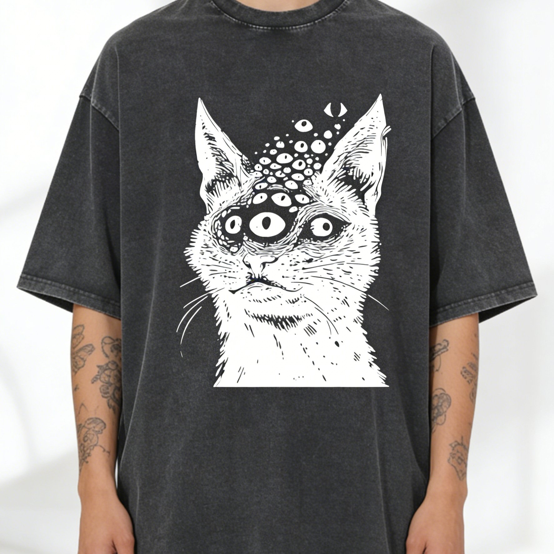 TEMU Plus Size Distressed Acid Wash Cat Print T-shirt - American Dark Surreal Cat - Breathable Casual Round Neck Short Sleeve - Summer Oversized Top,