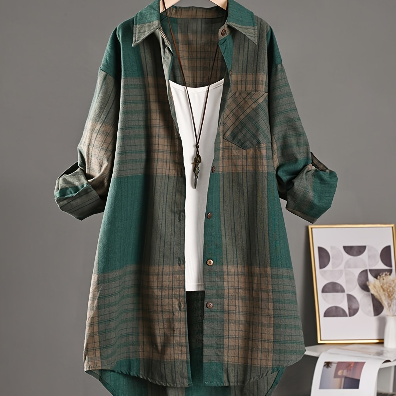 Image of Plus Size Casual Retro Mid-length Shirt Women's New Striped Loose Long Shirt Long Sleeve Women's Shirt