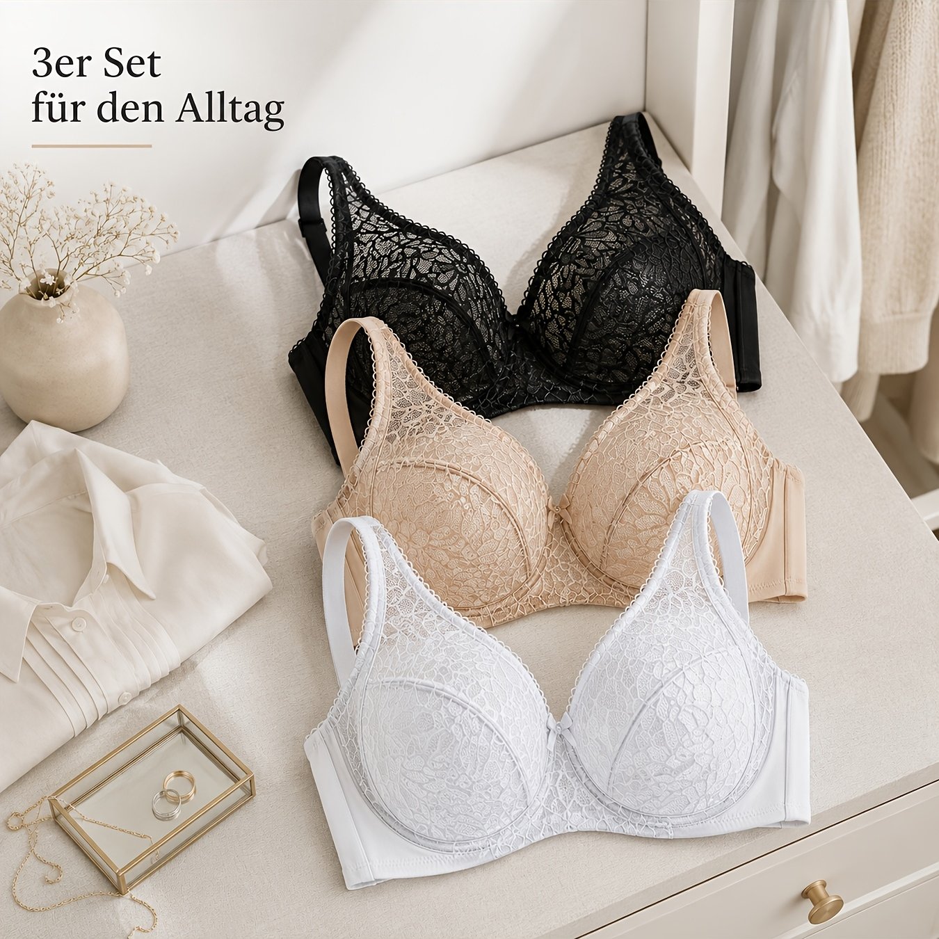 3-pack Elegant Lace Bras For Women High Support With Bow Detail - Black, White Khaki, Floral Pattern, Hand Wash , Adjustable Straps