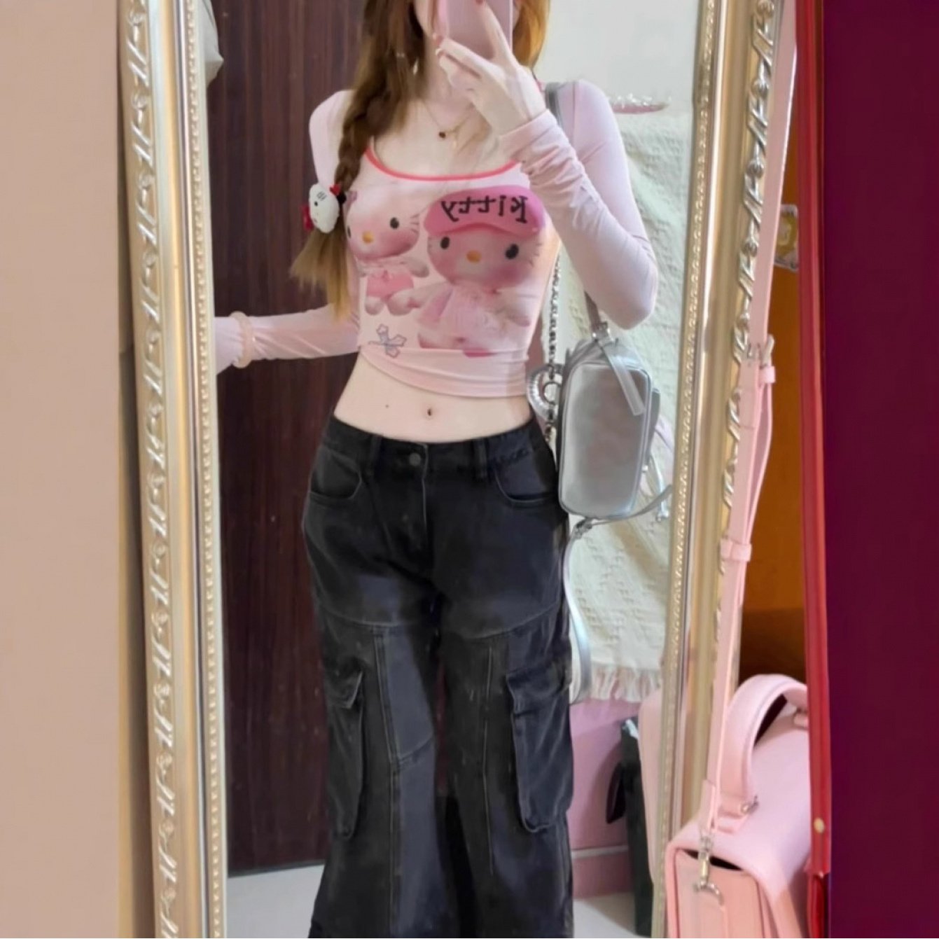 Pure Desire Style Long Sleeve T-shirt For Women, Autumn And Winter Sweet Hello Kitty Print Slim Fit Short Top, Popular Gift For And Relatives