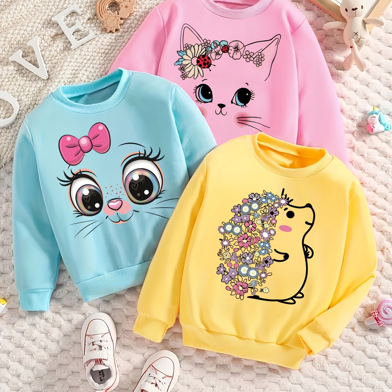 Image of 3pcs Set Of Girls' Autumn Sweatshirts Cartoon Cat And Hedgehog Series Long Sleeve Sweatshirts Thin Round Neck Tops