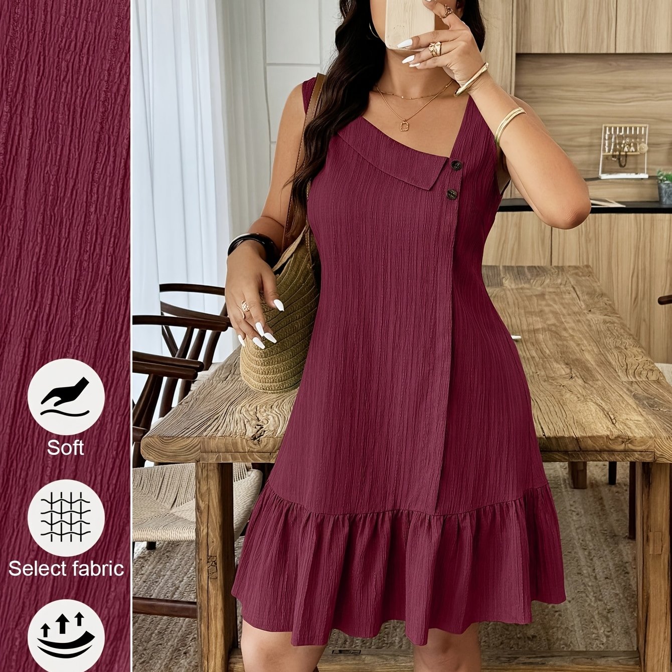 TEMU Plus Size - Mid-length Plus Size Women's Asymmetrical Neckline Button Texture Fabric Hem A-line Dress, Elegant Short Sleeve Sleeveless Dress,