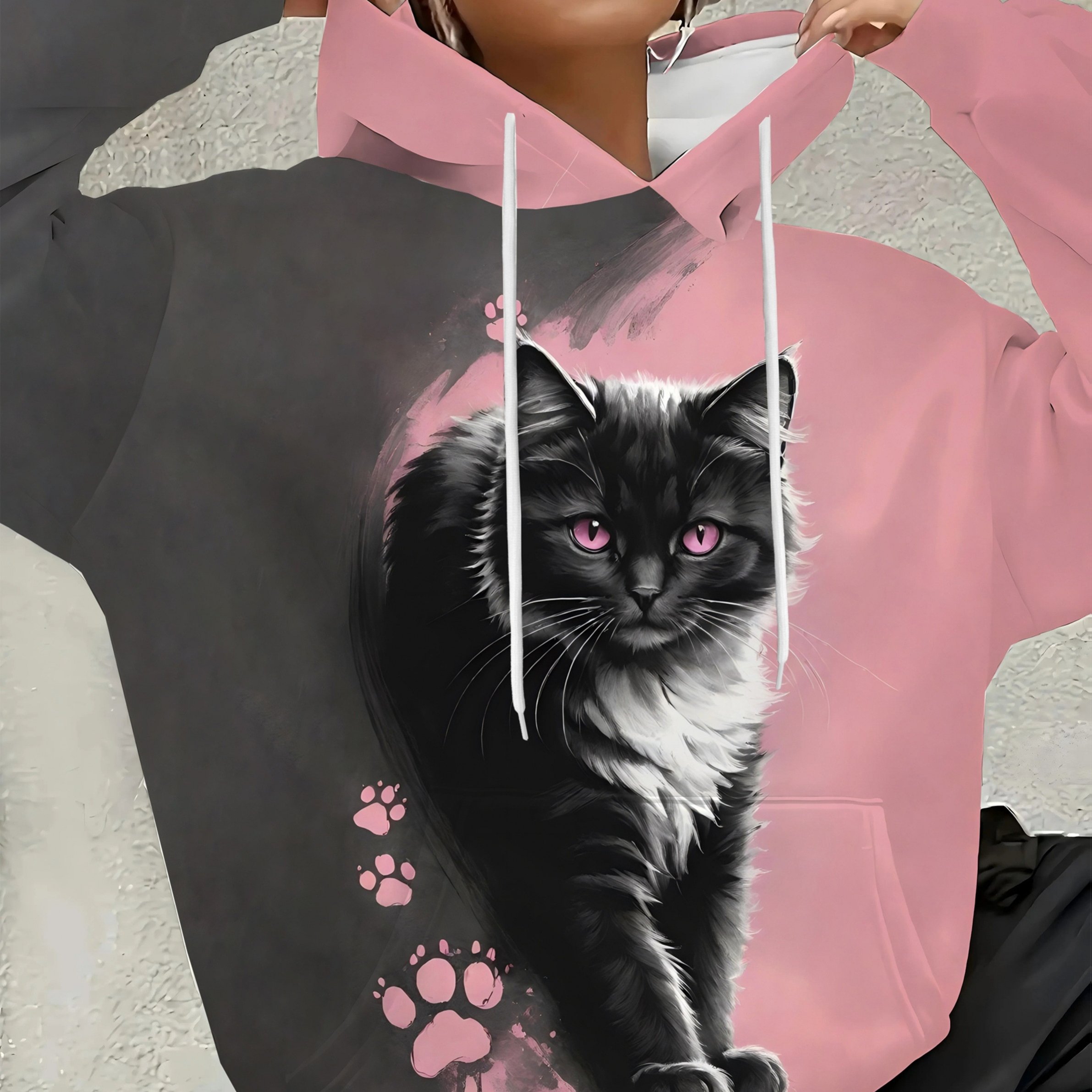 TEMU Plus Size, Plus Size Women's Casual Hooded Sweatshirt With Pockets, Cute Cat Print, Background, Everyday Relaxed Fit, Stretchy Machine-washable