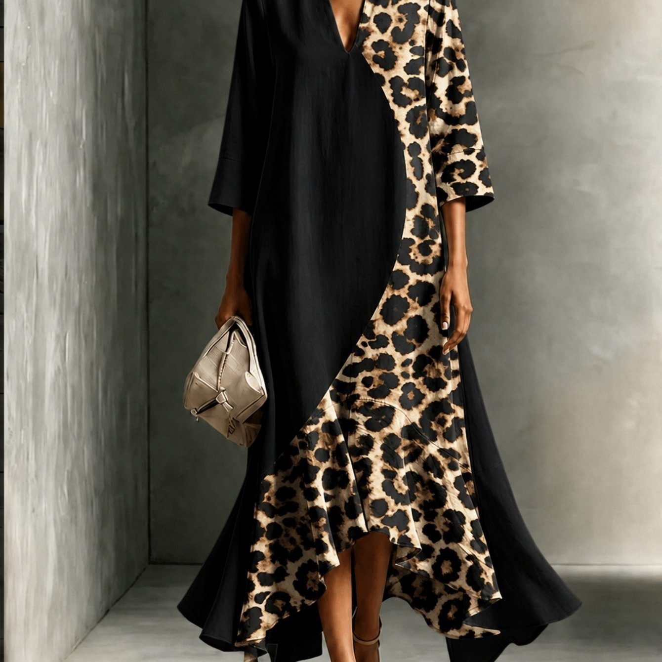 Image of Sleeve Women Dress Black Contrast Leopard Splicing V Neck Loose Irregular Mermaid Maxi Dress Luxury Outfit For Travel Casual Women Clothing