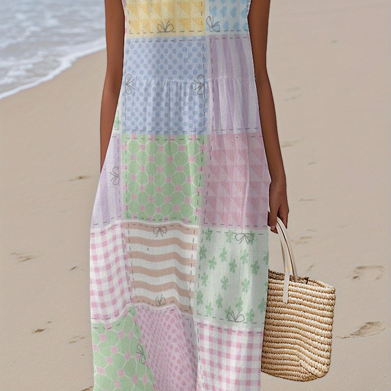 Image of Plus Size, Women' Plus Size Sleeveless -line Midi Dress - Pastel Print Tank Dress With Round Neck, Loose -length Suitable For Beach Vacation, Casual Outfits, Spring Summer Fall Wardrobe Essential
