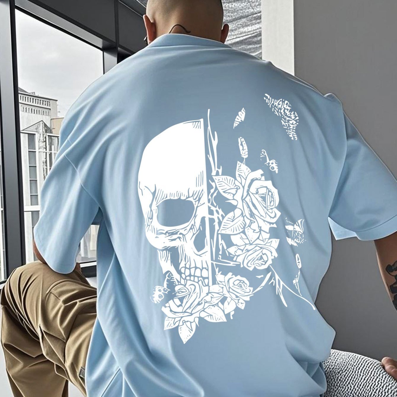 TEMU Men's Trendy Hip-hop Skull And Rose Graffiti Short Sleeve Summer Tee