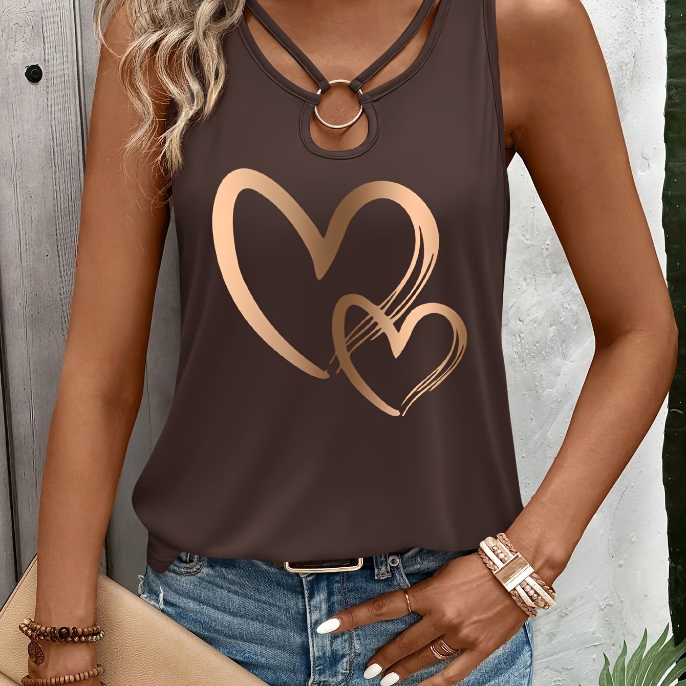 TEMU 1pc Summer Casual Heart Pattern Printed Cut-out Sleeveless T-shirt | Women's V-neck Top -7203