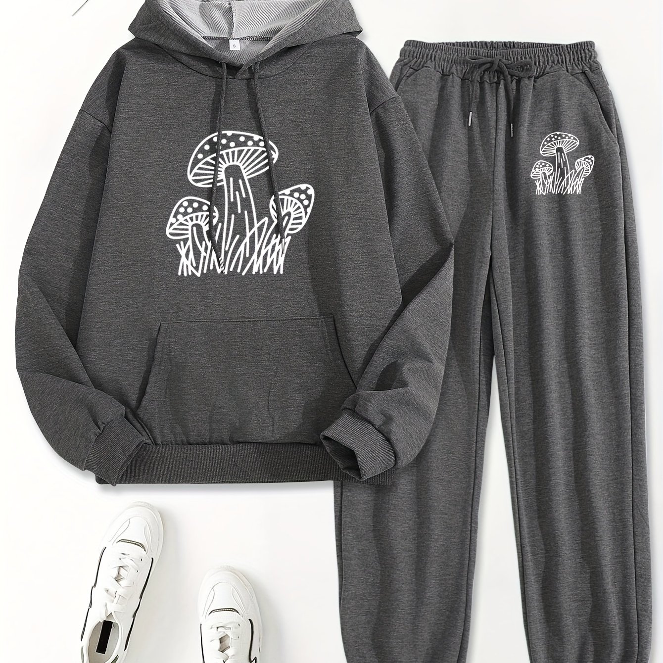 TEMU Sweater Set Pattern Printed Hoodie, Drawstring Casual Hooded Sweatshirt, Autumn/winter Style, Women's Set Clothing