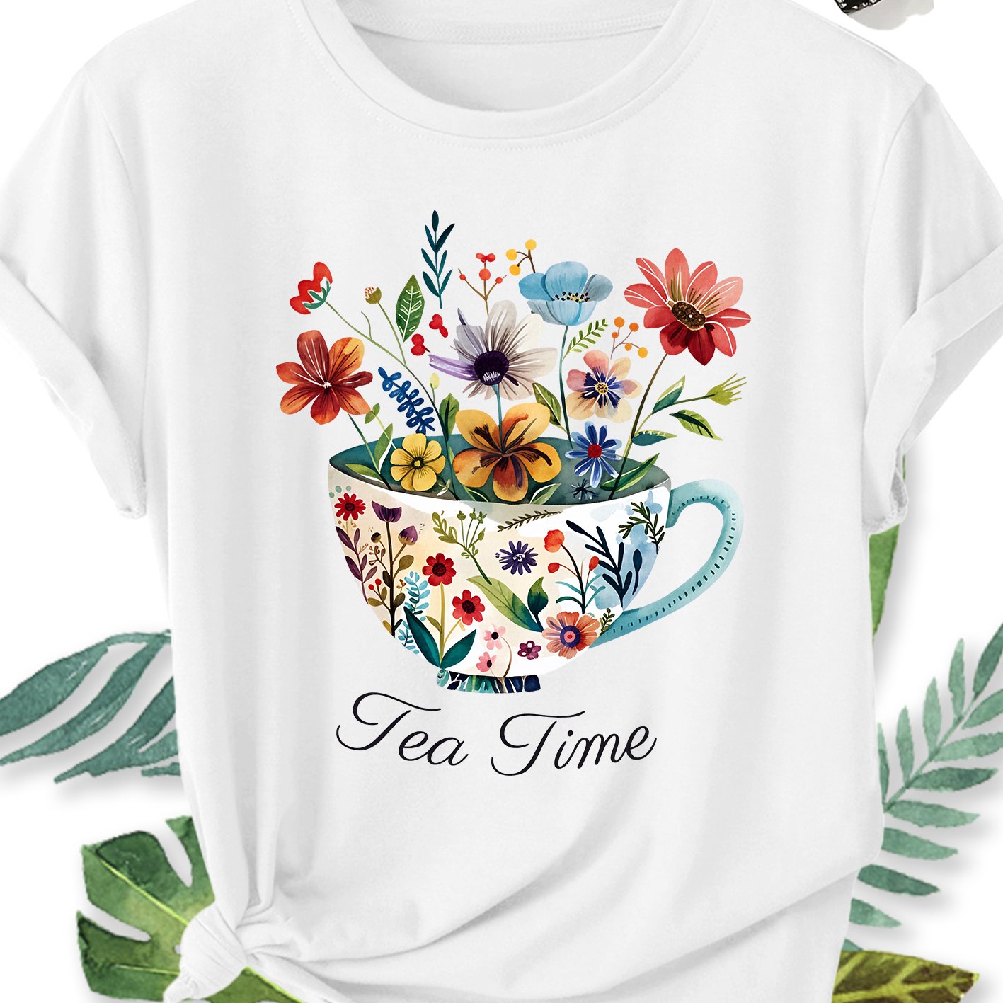 TEMU Women's Elegant Style Plus Size Short Sleeve, Cup Floral Round Neck Comfortable Soft Breathable Summer Short Sleeve Gift, Fashion Vacation Daily