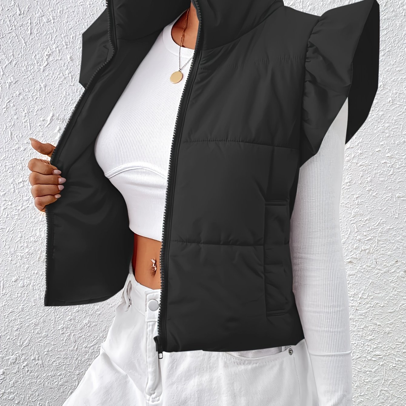 TEMU Women's Thickened Winter Sleeveless Vest - High Neck Zipper Front With Pockets, Casual Solid Color Machine Washable Outerwear For Fall & Cold