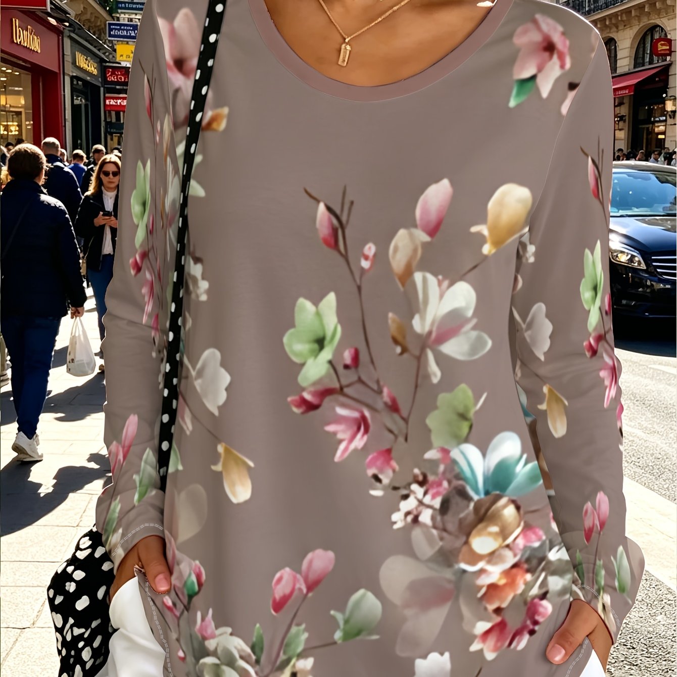 TEMU Plus Size Casual Women's Floral Print Loose Long Sleeve Top, Women's Round Neck Pullover Sweater, Fashion Casual Base Layer, Trade Women's New