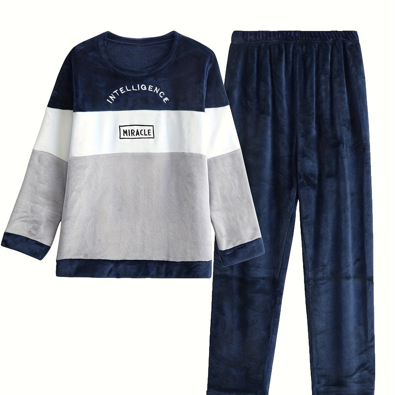 Image of Winter Plush 2pcs Set For Tall Male Teens, -block Letter Embroidery Loose Fit Warm Long-sleeve Pajama Set With Long Pants, Soft And Comfortable Casual Student Dorm Set, For Teenager