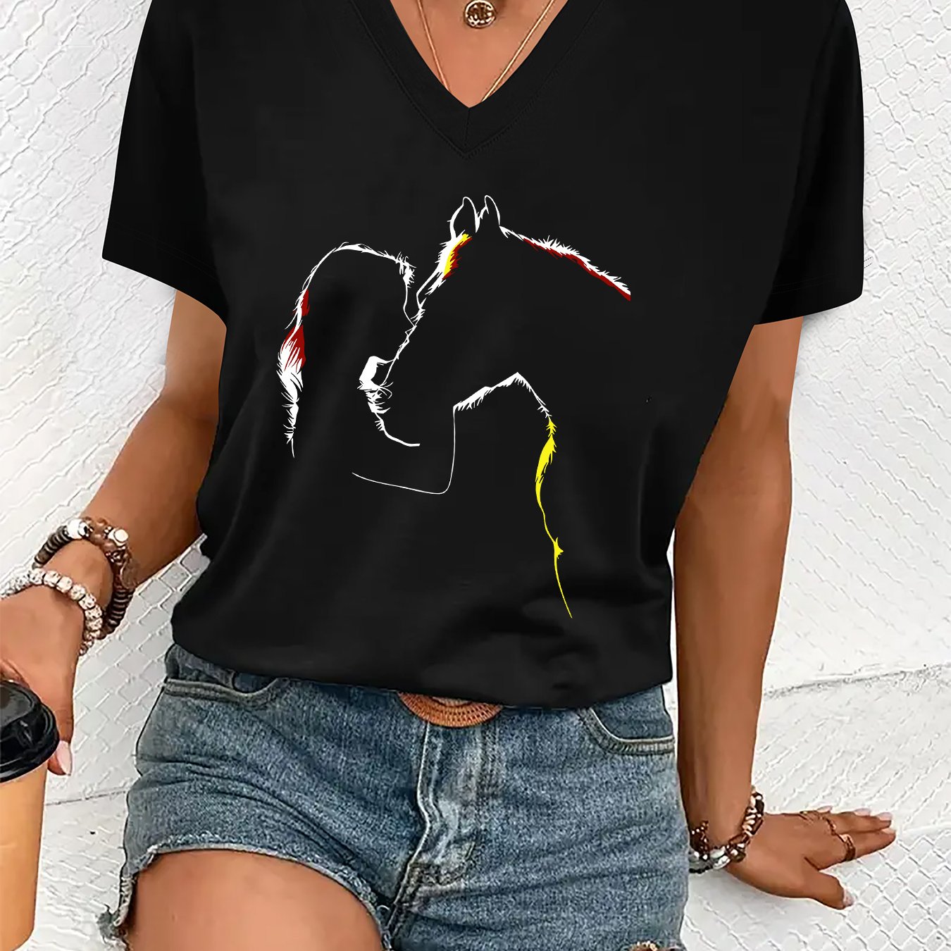 TEMU T-shirt Femme à Col en V Manches Courtes avec Imprimé Cheval et - Blouse Décontractée d'Été Coupe Loose, Haut à Col en V Lavable en Machine pour